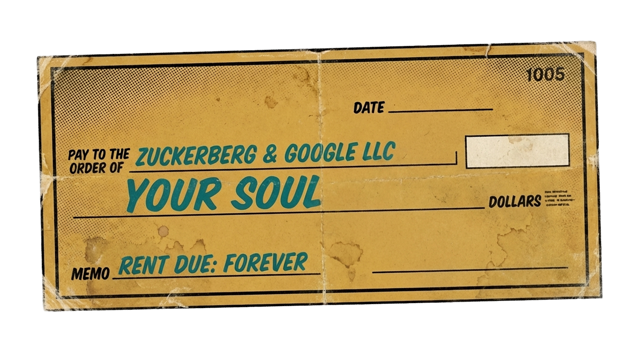 Check written to Zuckerberg & Google LLC for Your Soul - Rent Due Forever Check written to Zuckerberg & Google LLC for Your Soul - Rent Due Forever