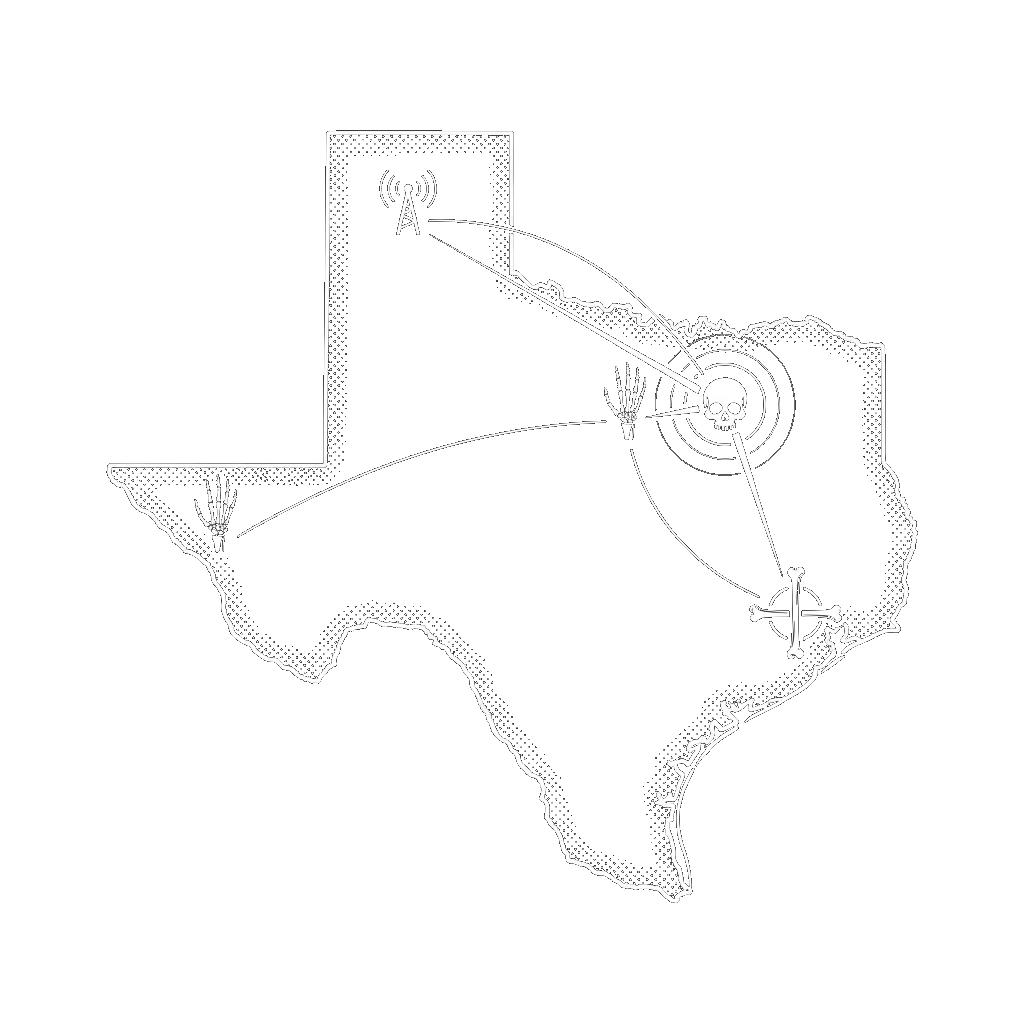 Map of Texas showing Branded Mayhem service areas including Dallas, Fort Worth, Houston, Richardson, and the Texas Panhandle Map of Texas showing Branded Mayhem service areas including Dallas, Fort Worth, Houston, Richardson, and the Texas Panhandle