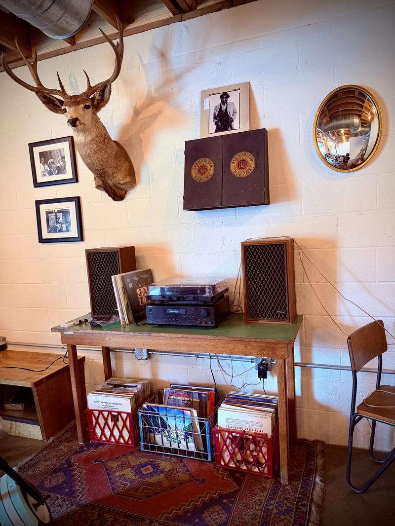 Moon Wolf vinyl corner — mounted buck head, Marantz receiver, two speakers, vinyl crates, oriental rug Moon Wolf vinyl corner — mounted buck head, Marantz receiver, two speakers, vinyl crates, oriental rug